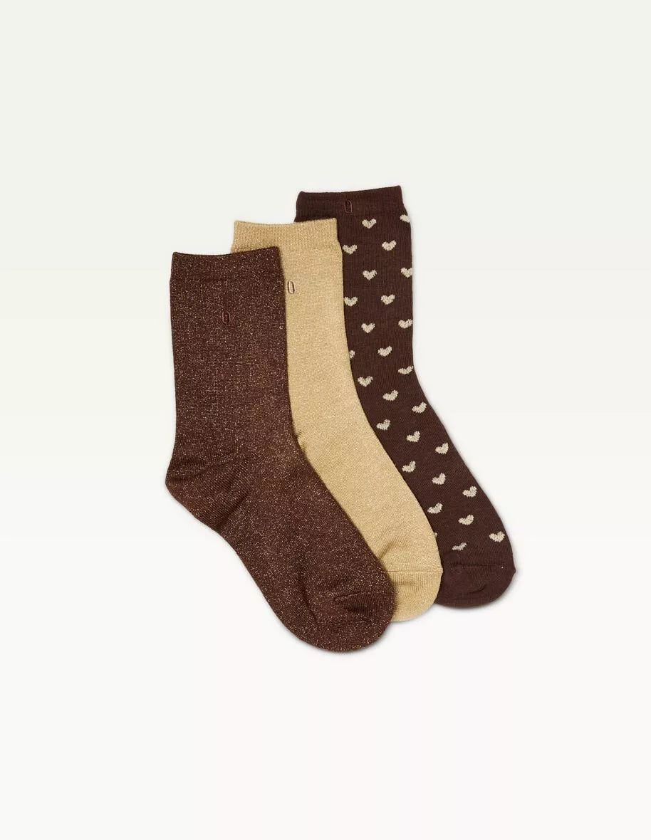 Pack de 3 chaussettes | Fantaisie Petit coeur doré marron