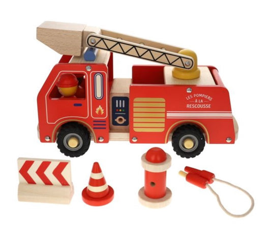 Camion de pompiers en bois rouge