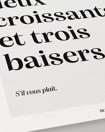 Affiche un café, deux croissants et trois baisers