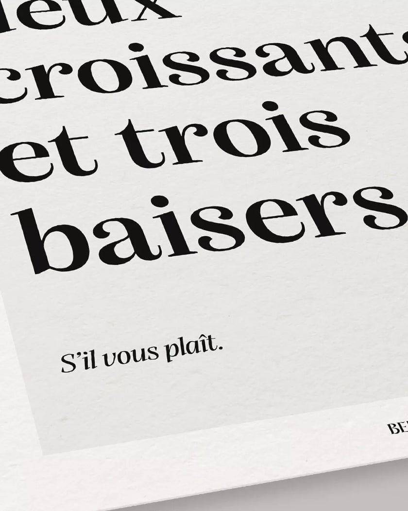 Affiche un café, deux croissants et trois baisers