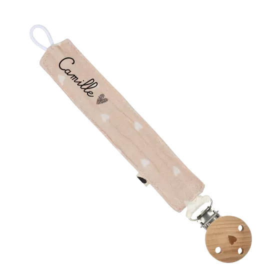 Attache tétine gaze de coton beige et cœurs