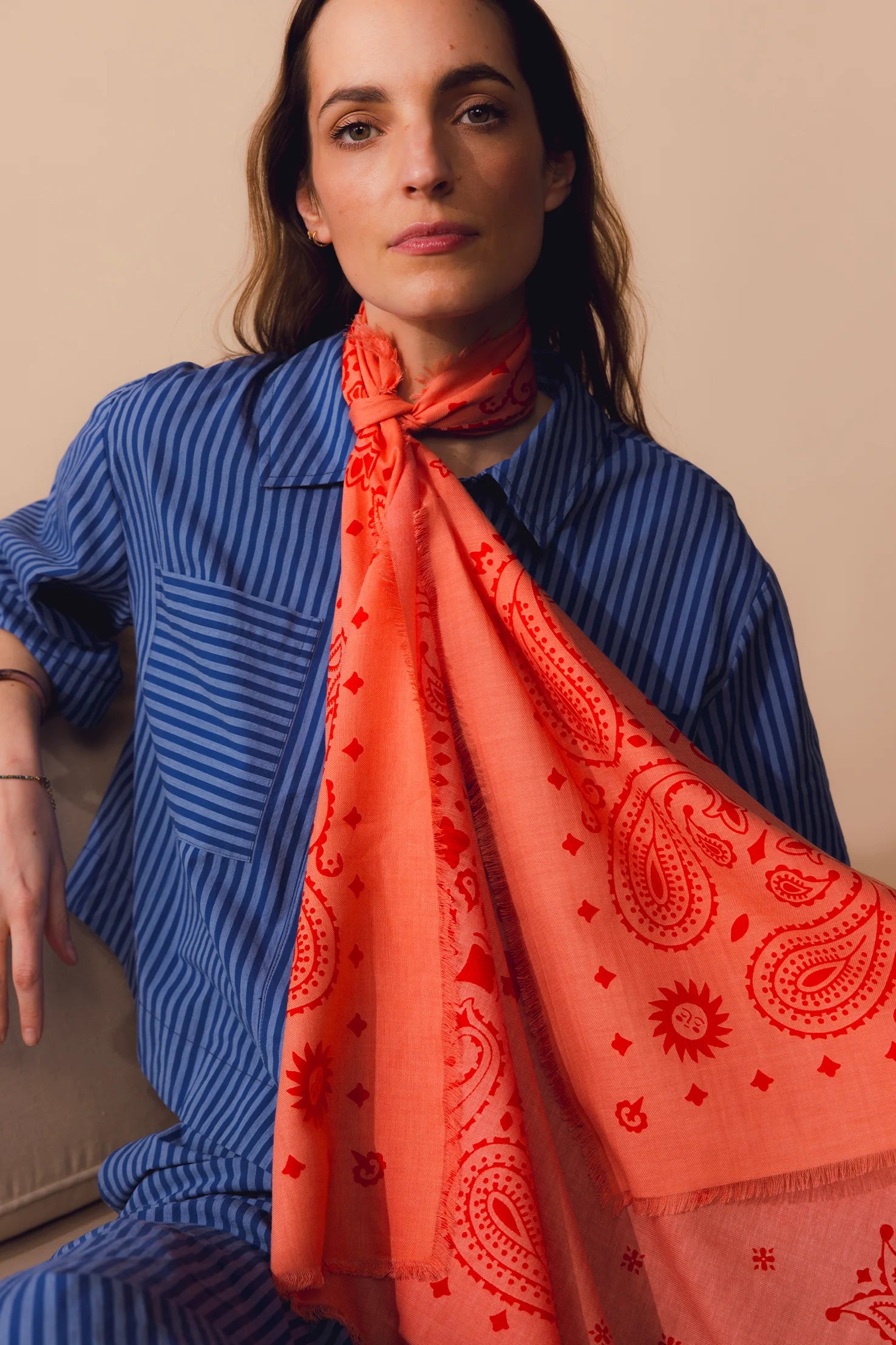 Foulard motif bandana coton 100x100 peach grenadine ANTAN