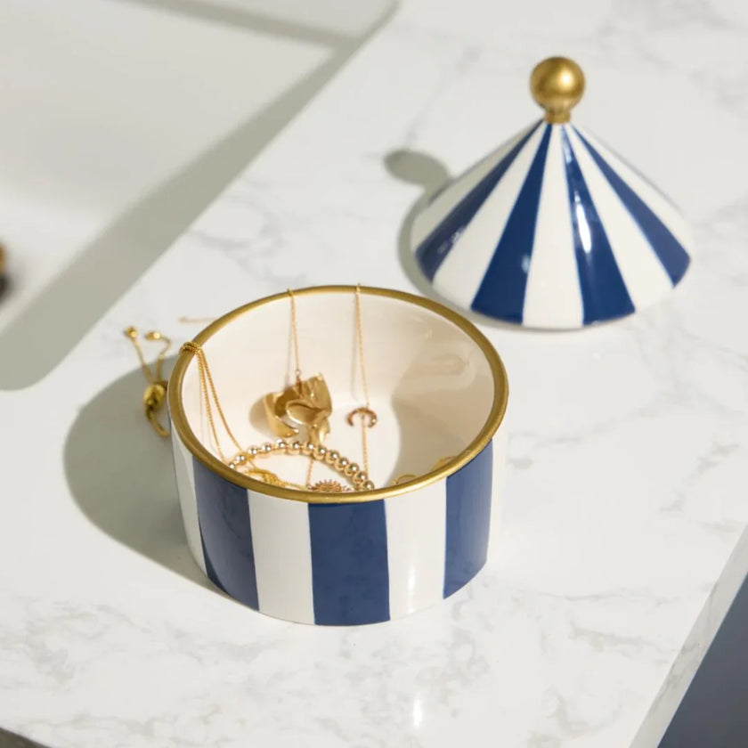 Boîte à bijoux bleu rayé 