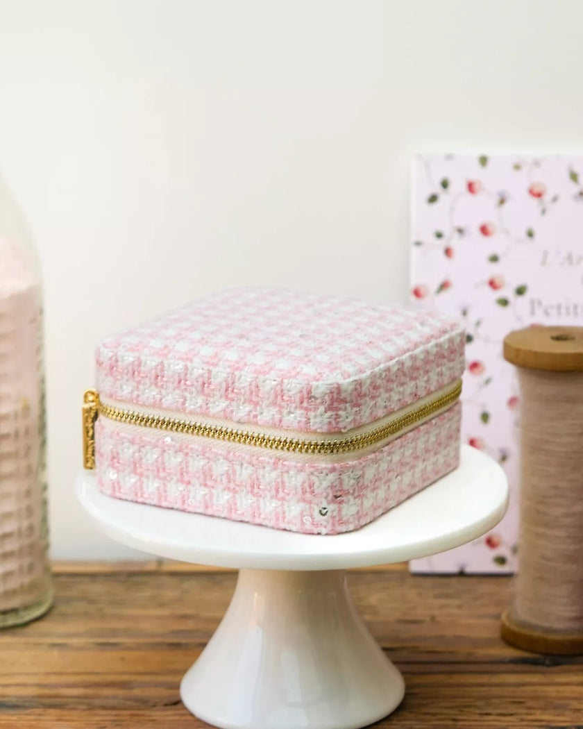 Boite à bijoux en pied de poule rose