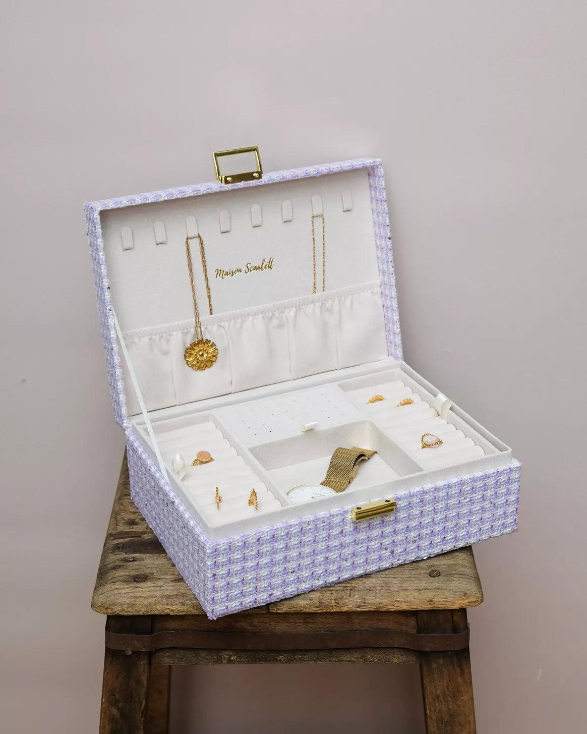 Boite à bijoux en pied de poule mauve