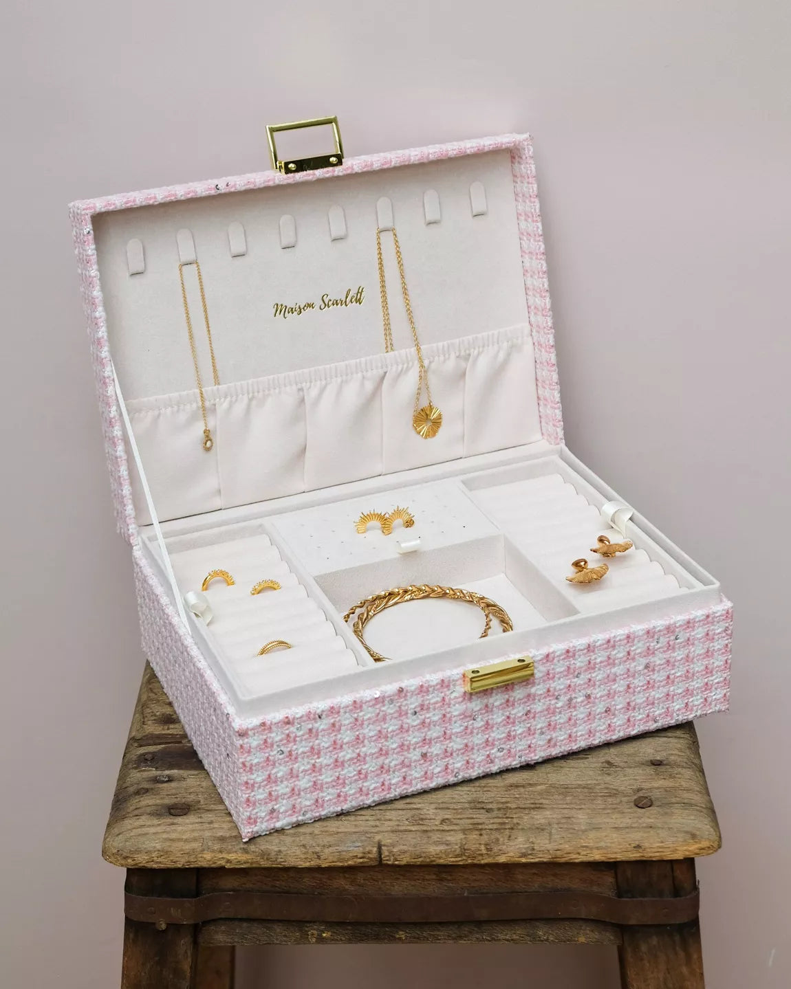 Boite à bijoux e pied de poule rose