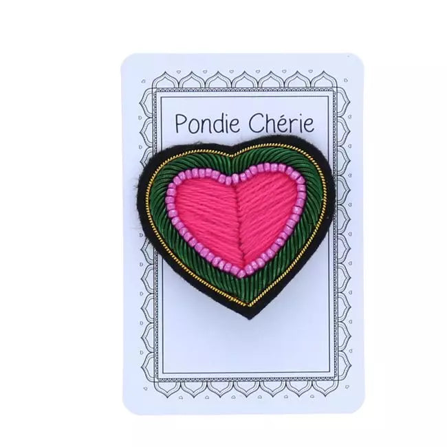 Petite Broche cœur vert doré et rose