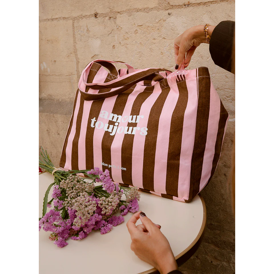 Sac cabas rayures marron rose amour toujours