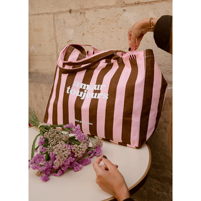 Sac cabas rayures marron rose amour toujours