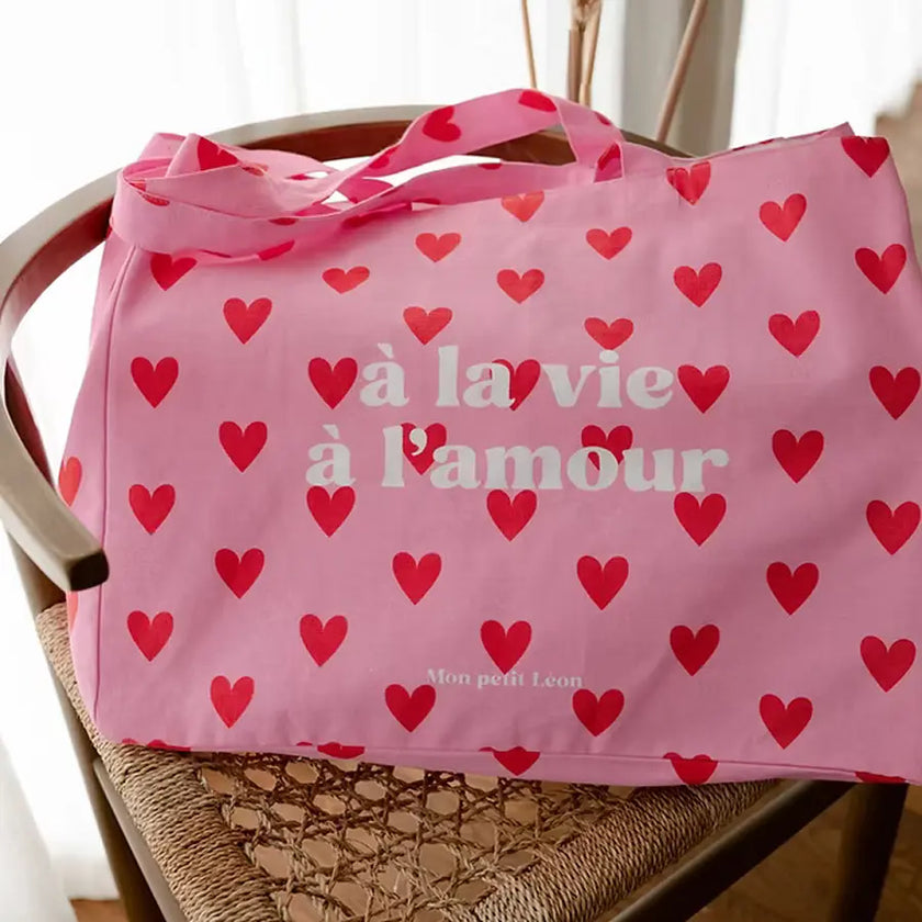 cabas xxl rose coeur rouge à la vie à l'amour