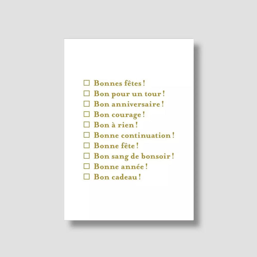 carte à cocher blanche avec écritures vertes 