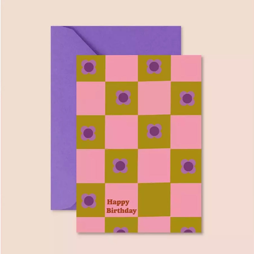 carte damier rose et kaki happy birthday