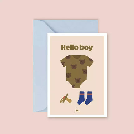 carte hello boy, body, chaussettes, tétine