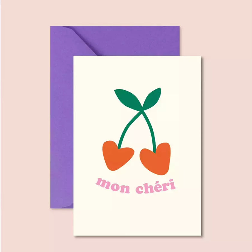 carte mon chéri blanche avec cerise en forme de coeur