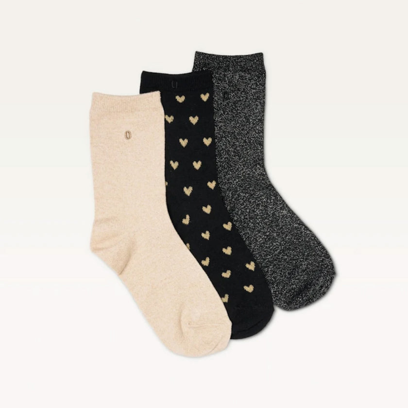 Pack de 3 chaussettes | Fantaisie Petits coeurs noirs dorés