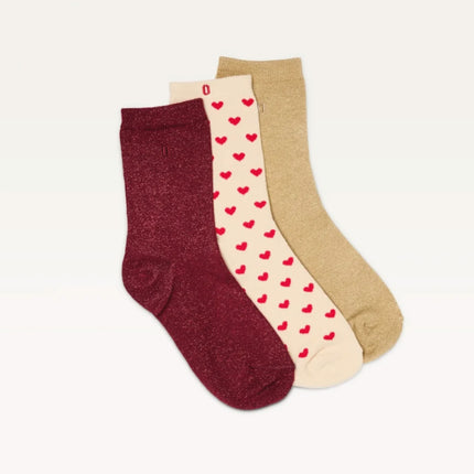 Pack de 3 chaussettes | Fantaisie Petits coeurs bordeaux dorés