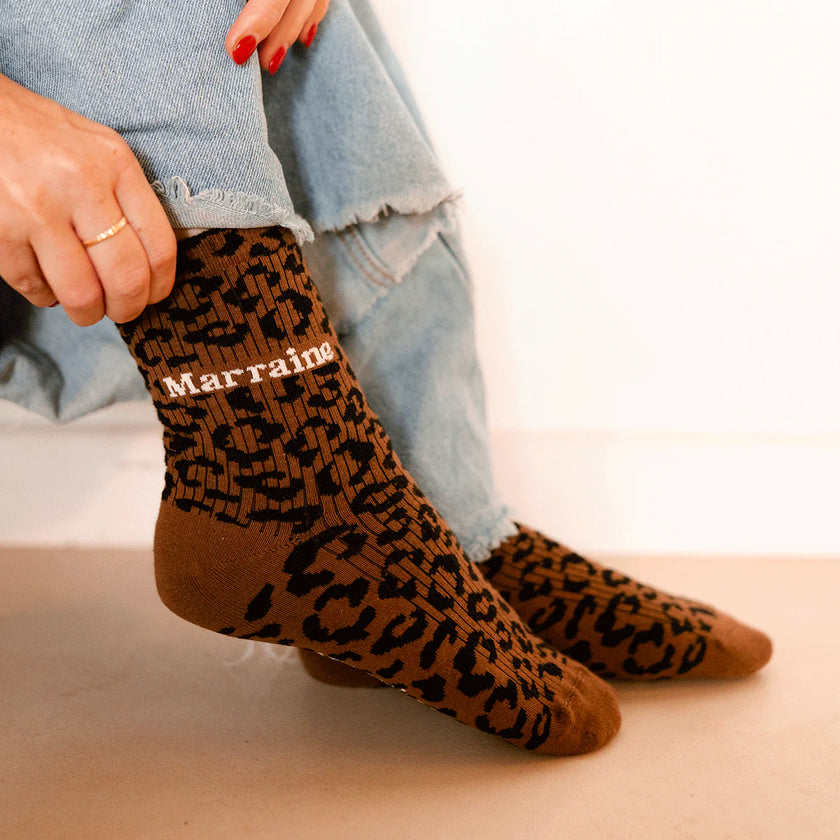Chaussettes léopard message marraine 