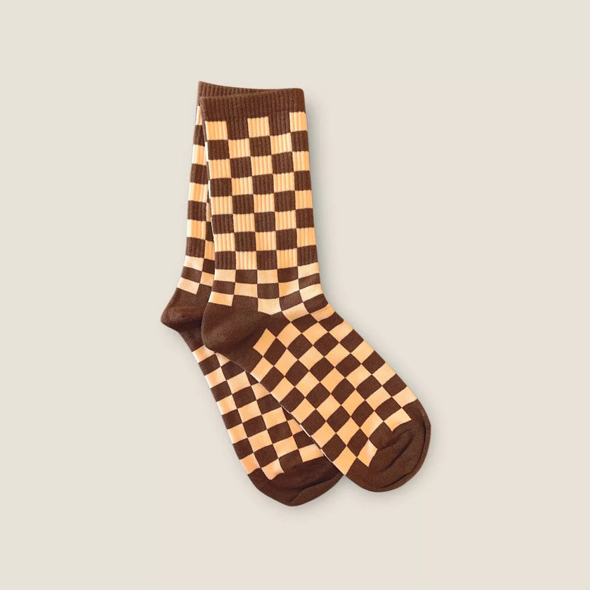 chaussettes damier marron et beige