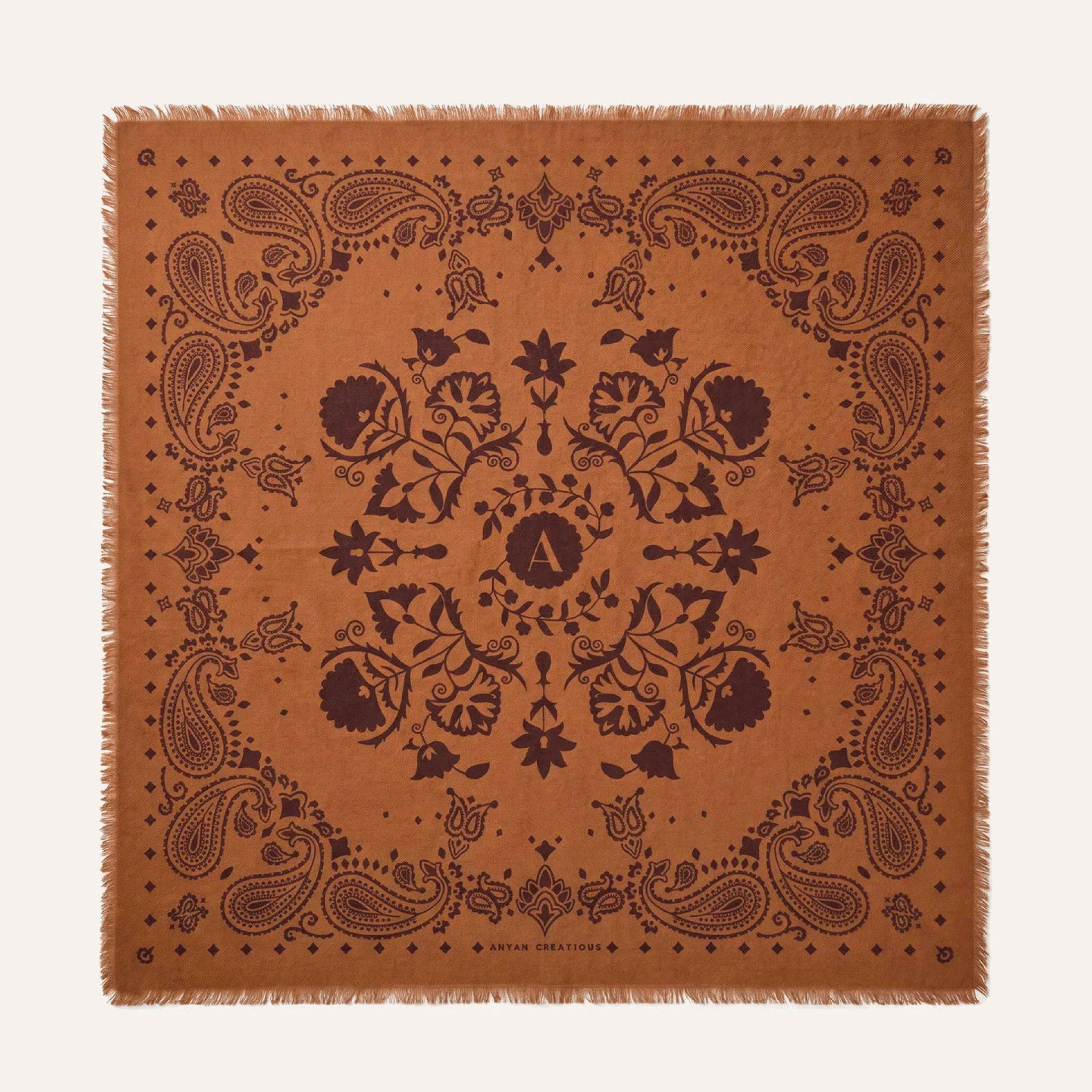 Grand foulard en laine Cuir – Ocre & bordeaux