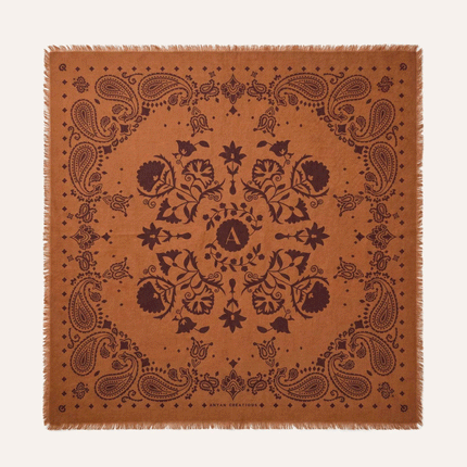 Grand foulard en laine Cuir – Ocre & bordeaux