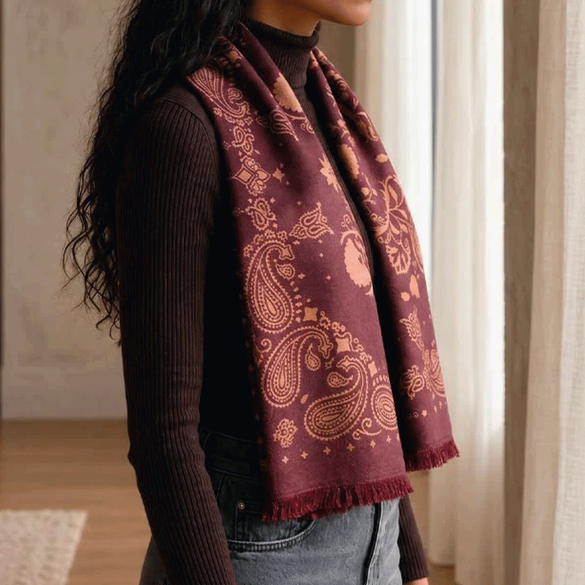 Grand foulard en laine Fudge – Bordeaux & vieux rose