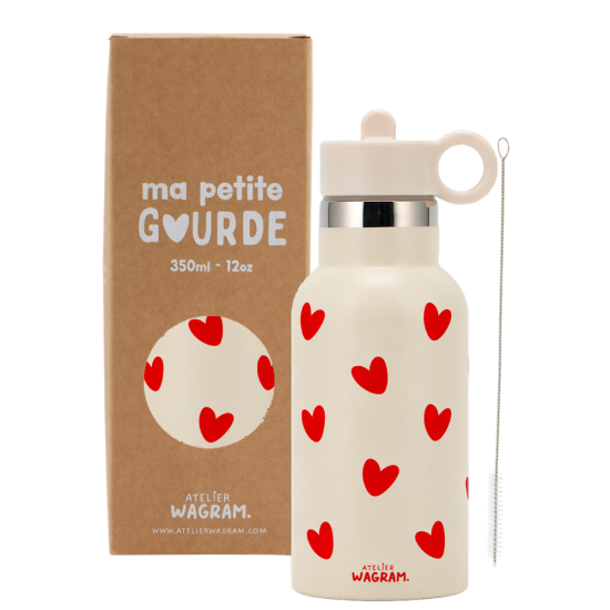 Gourde acier inoxydable creme coeurs rouge