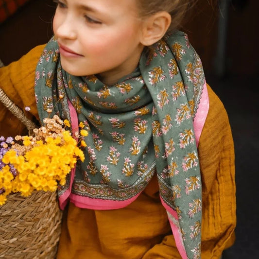 grand foulard rose et vert sauge