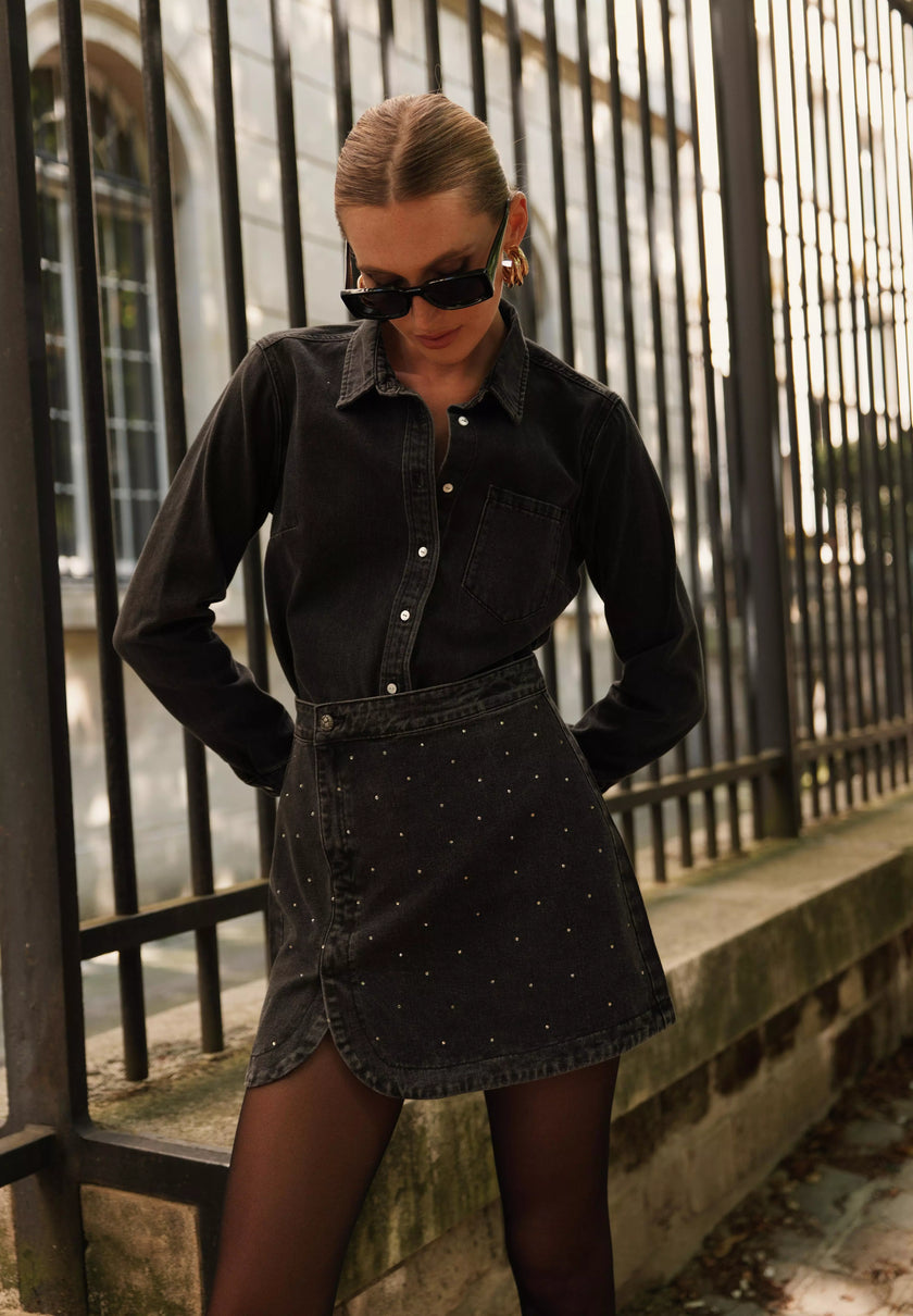 Jupe denim noir à strass
