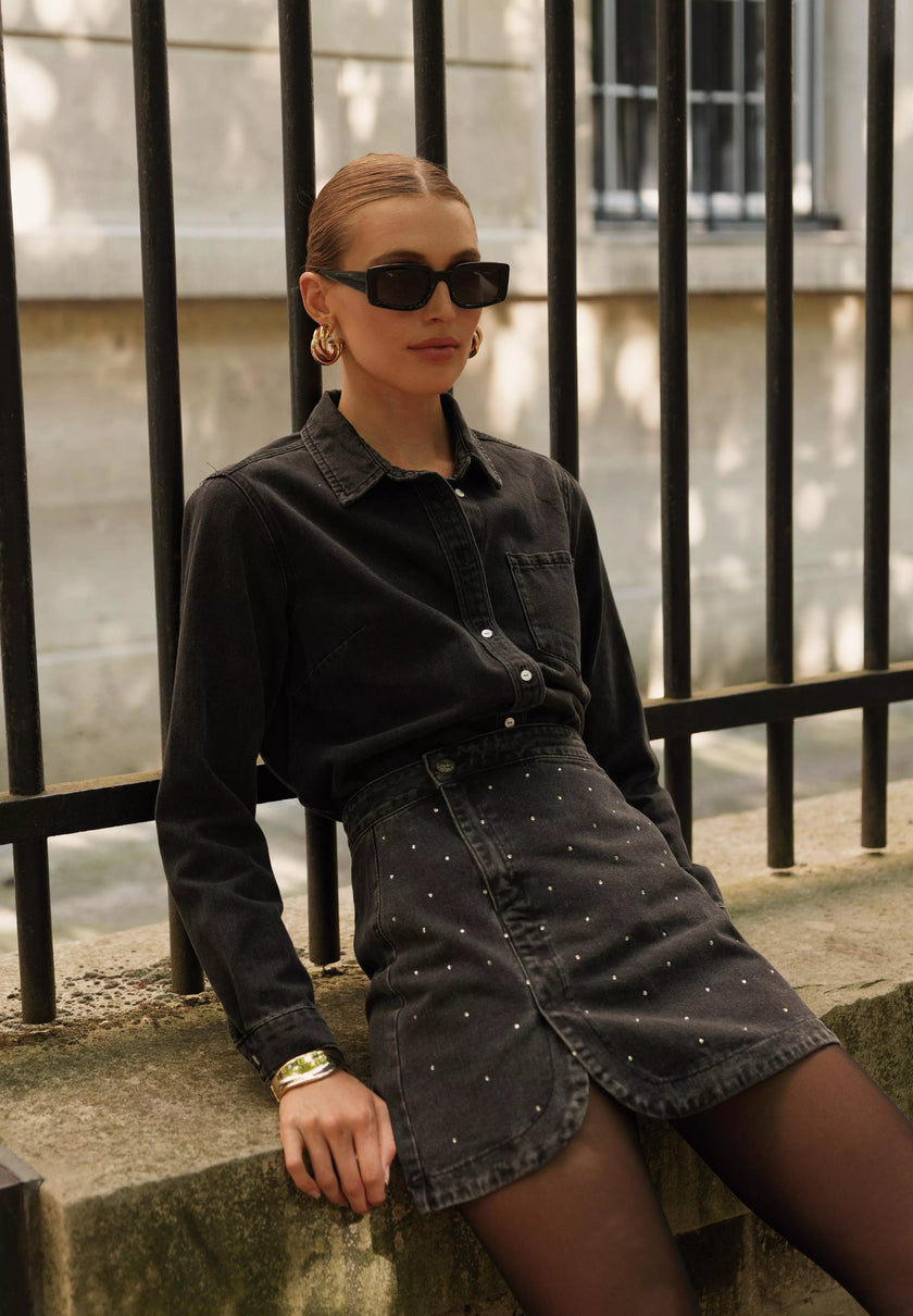 Jupe denim noir à strass