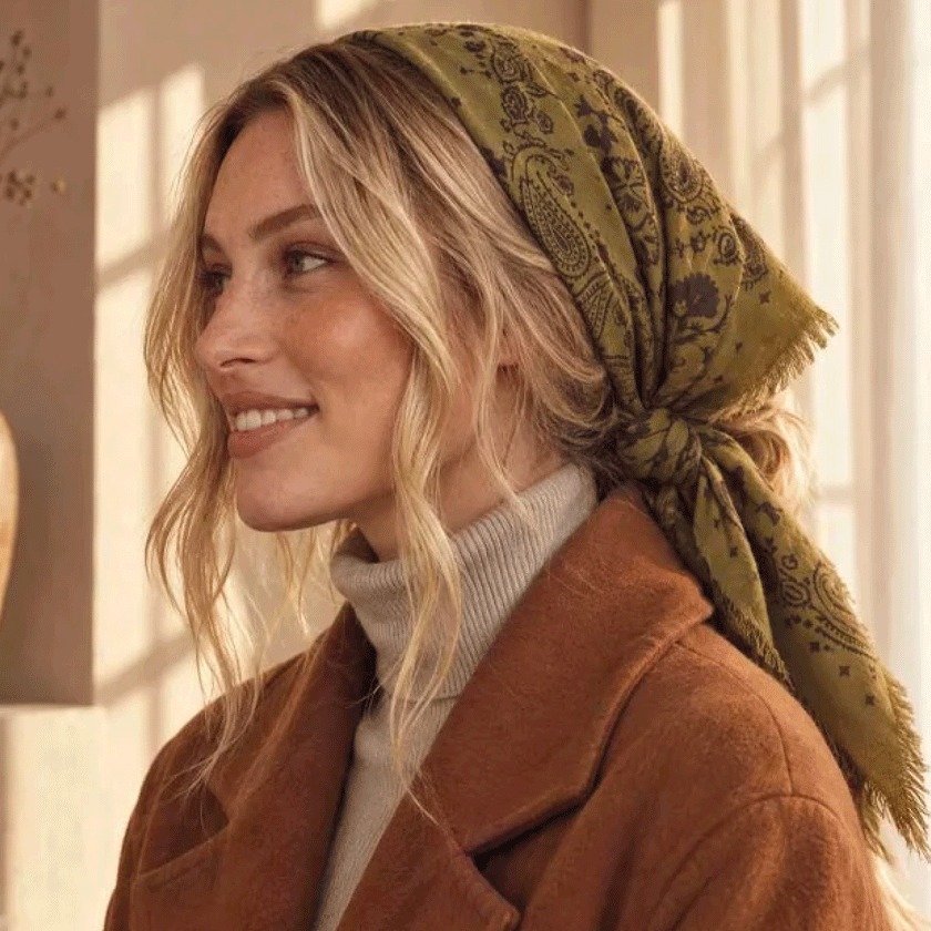 Grand foulard en laine Khaki – 100 × 100 cm