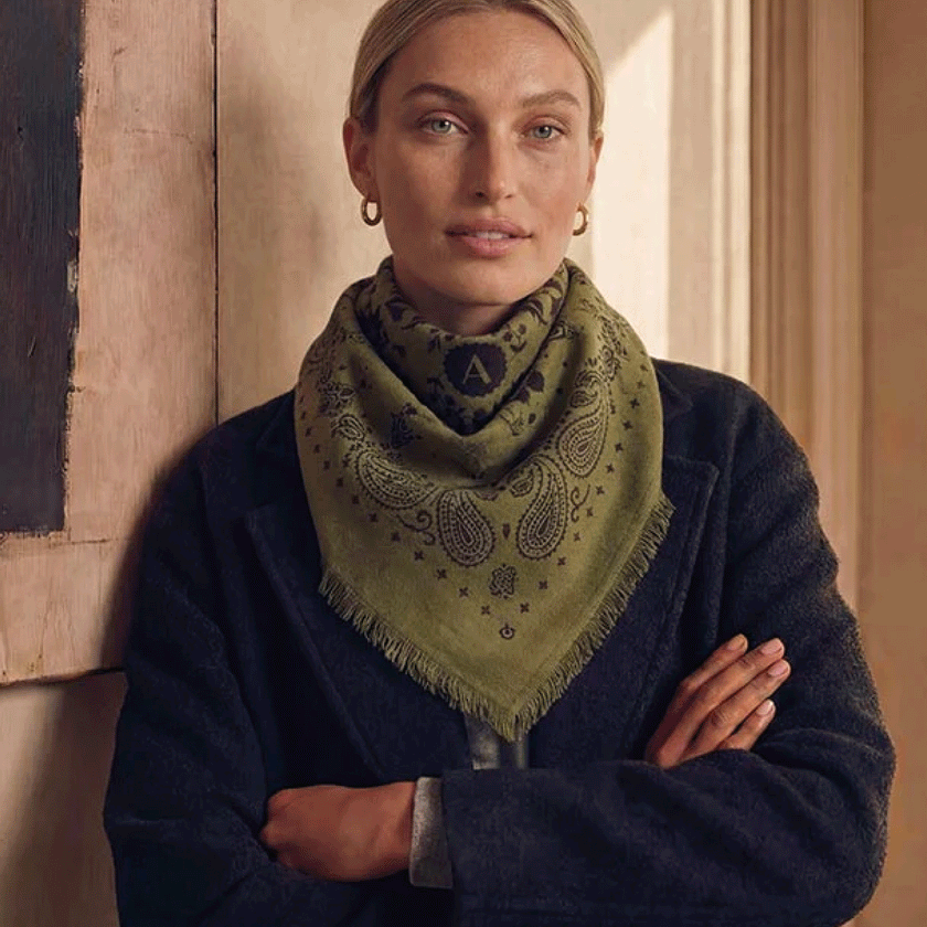 Grand foulard en laine Khaki – 100 × 100 cm