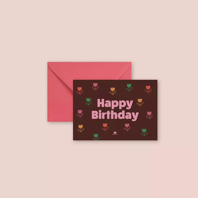 petite carte marron fleurie happy birthday