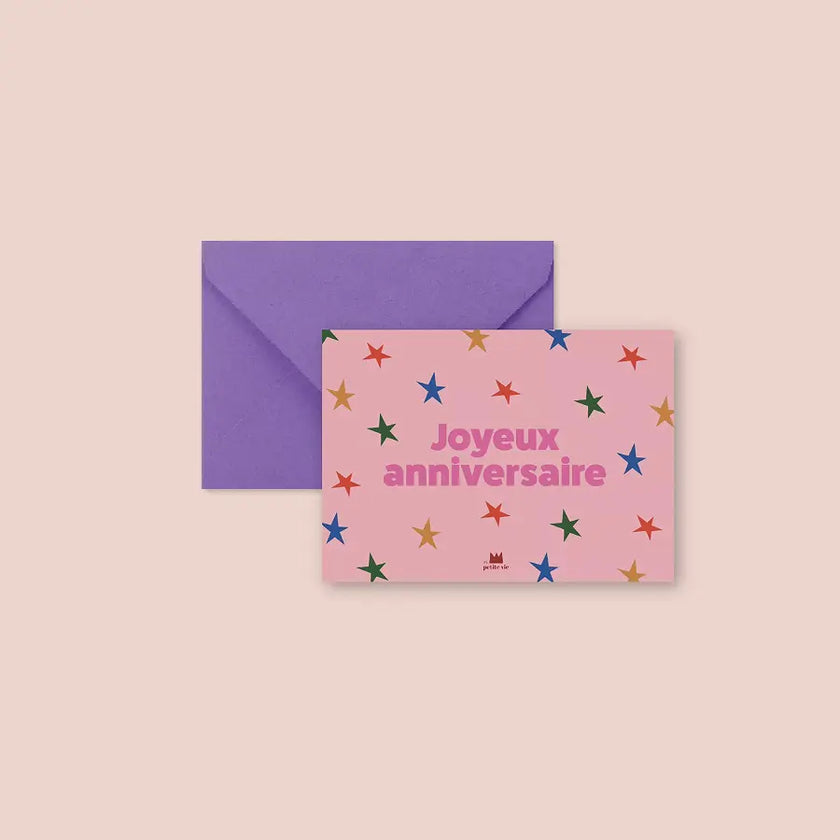 carte rose joyeux anniversaire avec étoiles multicolor