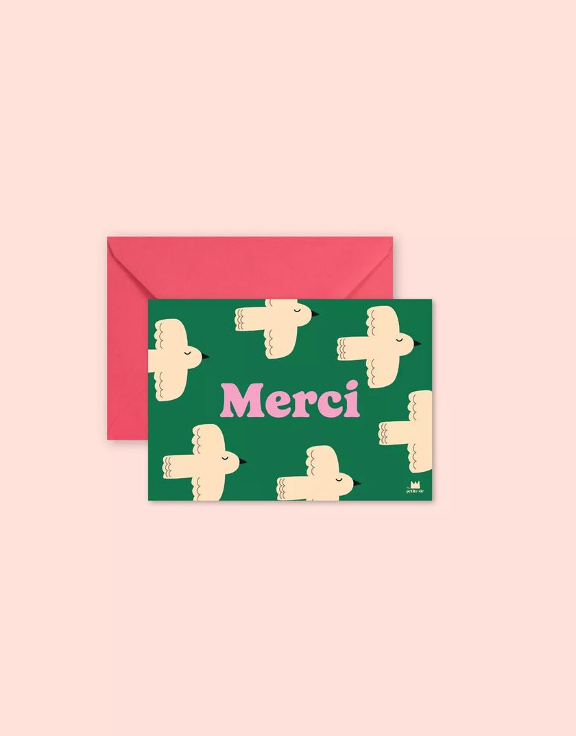 Mini carte Merci verte avec oiseaux