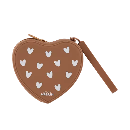 Pochette en silicone caramel cœurs blancs