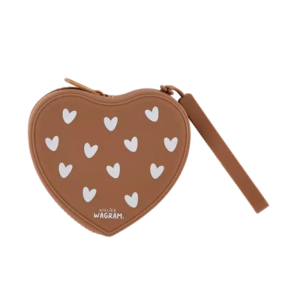 Pochette en silicone caramel cœurs blancs