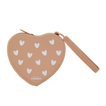 Pochette en silicone beige cœurs blancs