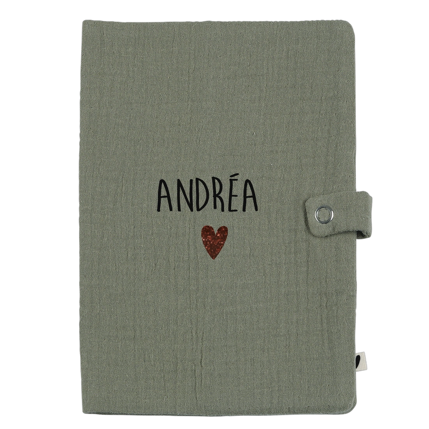 Protège carnet uni en gaze de coton couleur vert olive