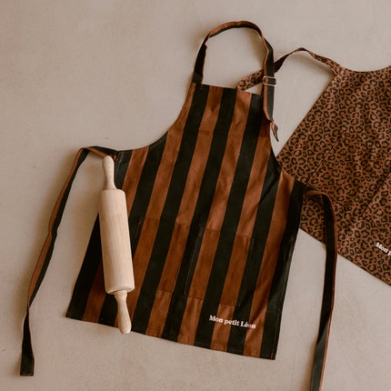 Tablier de cuisine enfant marron rayé noir et leopard marron